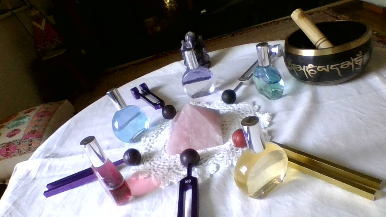Alka’s tuning forks, coloured bottles and singing bowl